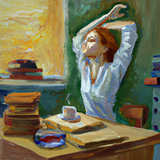 a student sitting at a desk with a stack 512x512 43110366