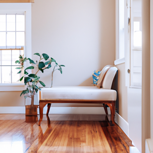 An image of a cozy living room with rustic laminate flooring, vintage furniture, and soft neutral colors.
