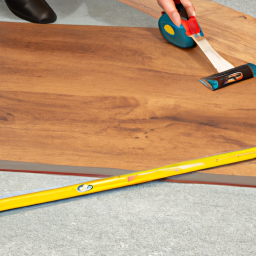 An image of a person measuring and cutting laminate flooring with tools and materials nearby, showcasing the step-by-step process of installation.